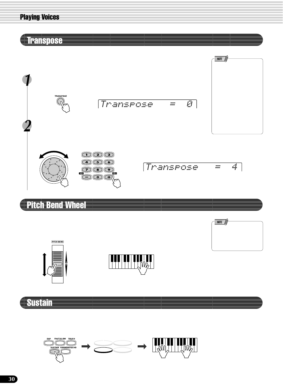 Transpose, Pitch bend wheel, Sustain | Transpose pitch bend wheel sustain, Transpose = 0 transpose = 4, Playing voices | Yamaha PSR-540 User Manual | Page 30 / 160