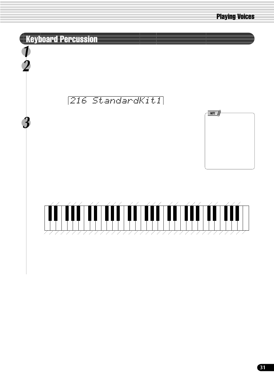 Keyboard percussion1, Keyboard percussion, 216 standardkit1 | Playing voices, Press the [voice r1] button, Select “standardkit1, Play the voice | Yamaha PSR-540 User Manual | Page 31 / 160