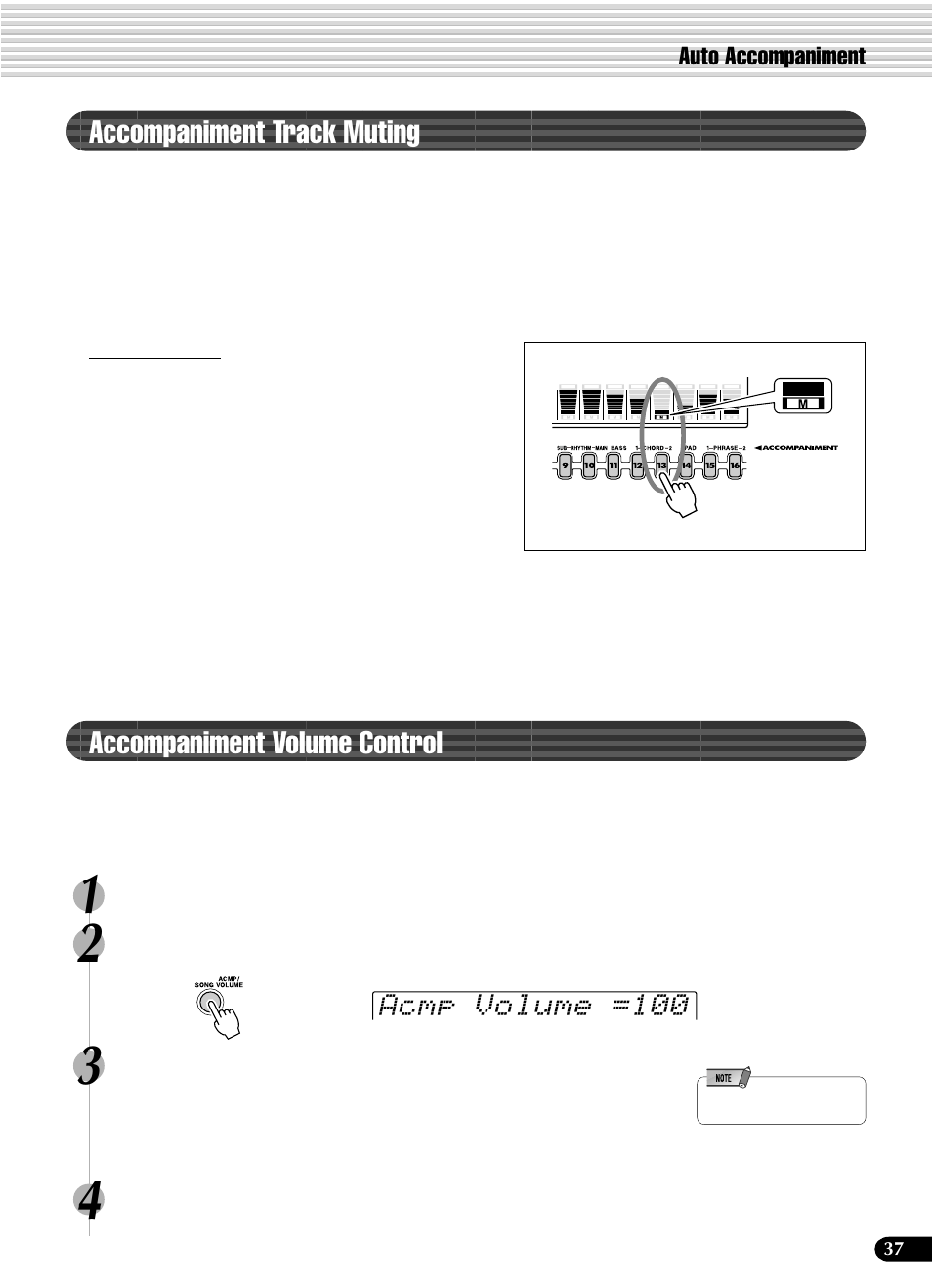 Accompaniment track muting, Accompaniment volume control, Acmp volume =100 | Auto accompaniment | Yamaha PSR-540 User Manual | Page 37 / 160