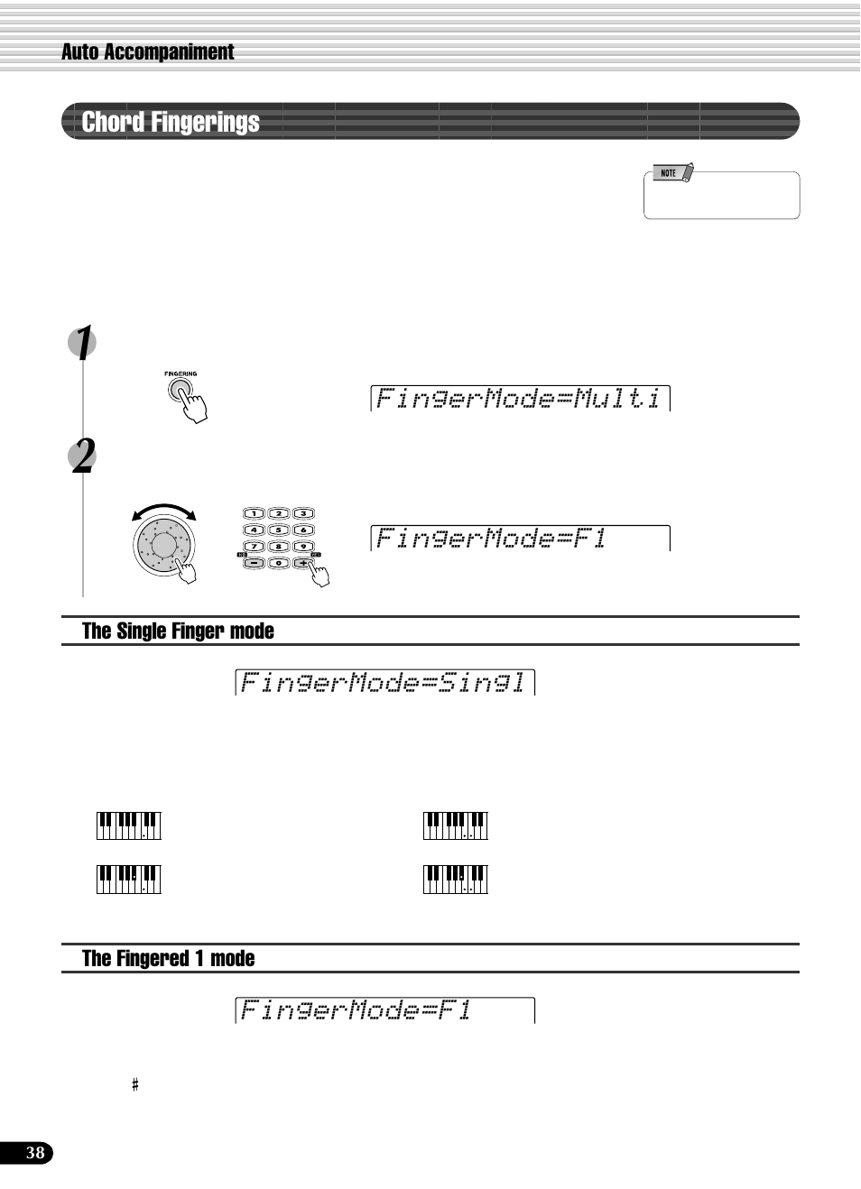 Chord fingerings, Auto accompaniment, The single finger mode | The fingered 1 mode | Yamaha PSR-540 User Manual | Page 38 / 160