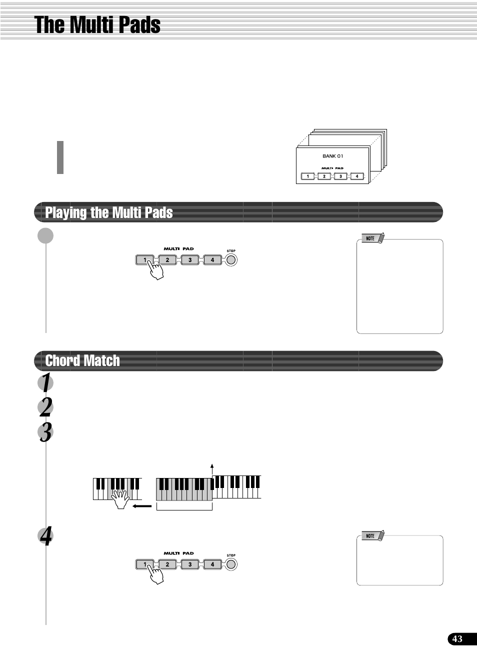 The multi pads, Playing the multi pads, Chord match1 | Playing the multi pads chord match, Chord match | Yamaha PSR-540 User Manual | Page 43 / 160