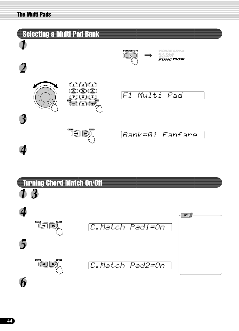 Selecting a multi pad bank, Turning chord match on/off1, Turning chord match on/off | Yamaha PSR-540 User Manual | Page 44 / 160