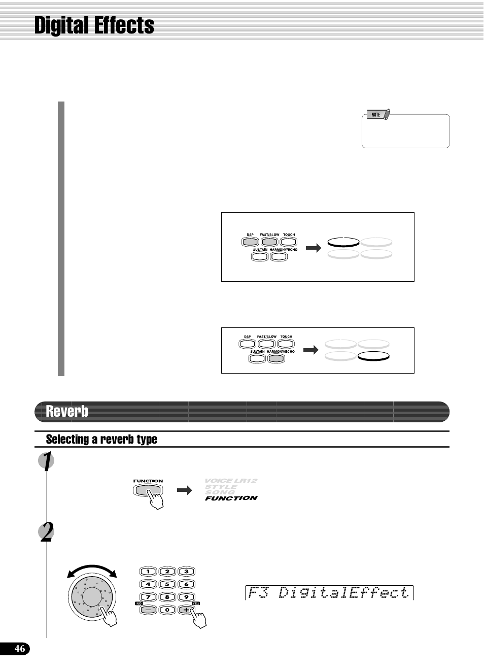 Digital effects, Reverb, F3 digitaleffect | Selecting a reverb type | Yamaha PSR-540 User Manual | Page 46 / 160