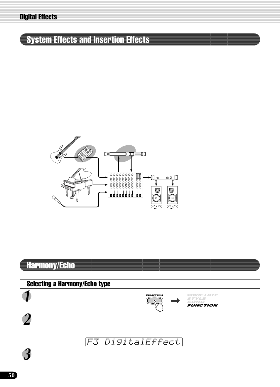 System effects and insertion effects, Harmony/echo, System effects and insertion effects harmony/echo | F3 digitaleffect, Digital effects, Selecting a harmony/echo type | Yamaha PSR-540 User Manual | Page 50 / 160