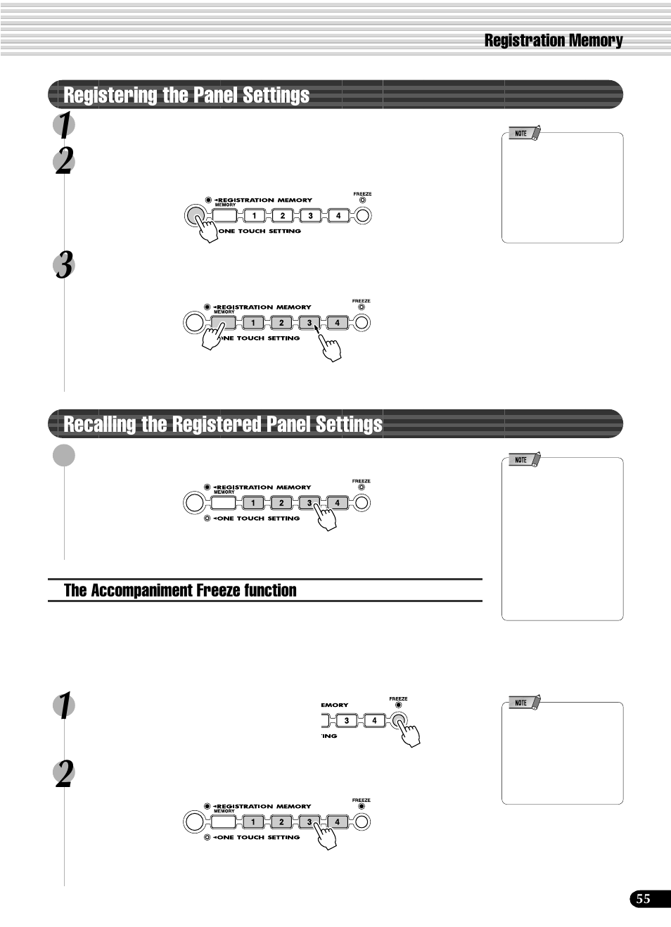 Registering the panel settings1, Recalling the registered panel settings, Registering the panel settings | Yamaha PSR-540 User Manual | Page 55 / 160