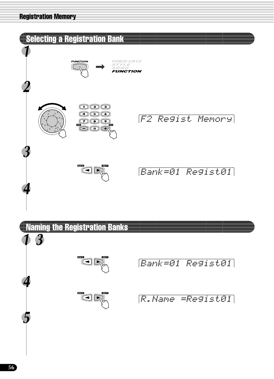 Selecting a registration bank, Naming the registration banks | Yamaha PSR-540 User Manual | Page 56 / 160