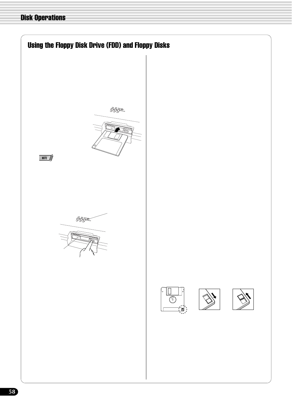 Using the floppy disk drive (fdd) and floppy disks, Using the floppy disk drive (fdd) and, Floppy disks | Disk operations, Compatible disk type, Inserting/ejecting floppy disks, Cleaning the disk drive read/write head, About the floppy disks | Yamaha PSR-540 User Manual | Page 58 / 160
