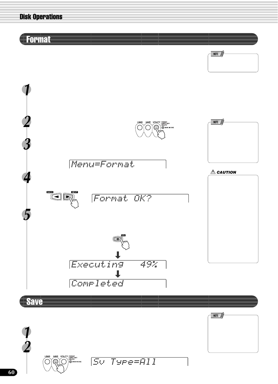 Format, Save, Format save | Menu=format format ok? sv type=all, Executing 49% completed | Yamaha PSR-540 User Manual | Page 60 / 160