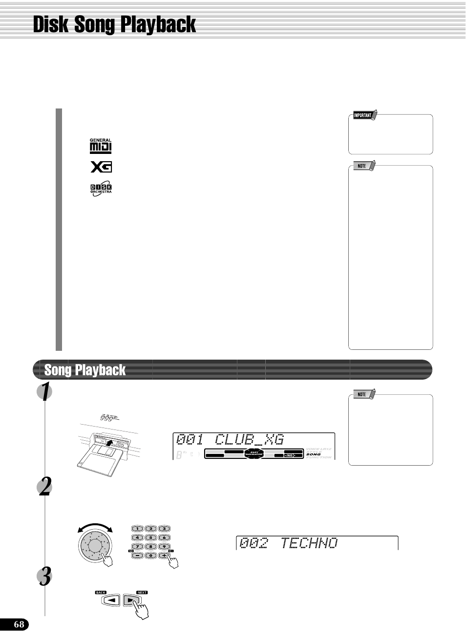 Disk song playback, Song playback, 001 club xg | 002 techno, Select the desired song | Yamaha PSR-540 User Manual | Page 68 / 160