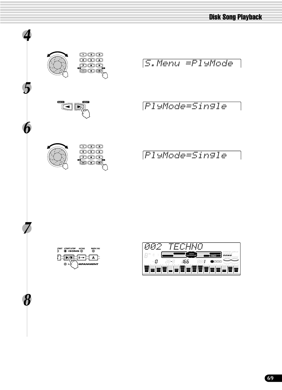 S.menu =plymode plymode=single plymode=single, 002 techno, Disk song playback | Select “plymode, Select the desired play mode, Press the [start/stop] button to start the song | Yamaha PSR-540 User Manual | Page 69 / 160