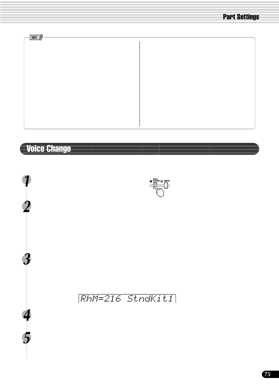 Voice change, Rhm=216 stndkit1, Part settings | Yamaha PSR-540 User Manual | Page 75 / 160