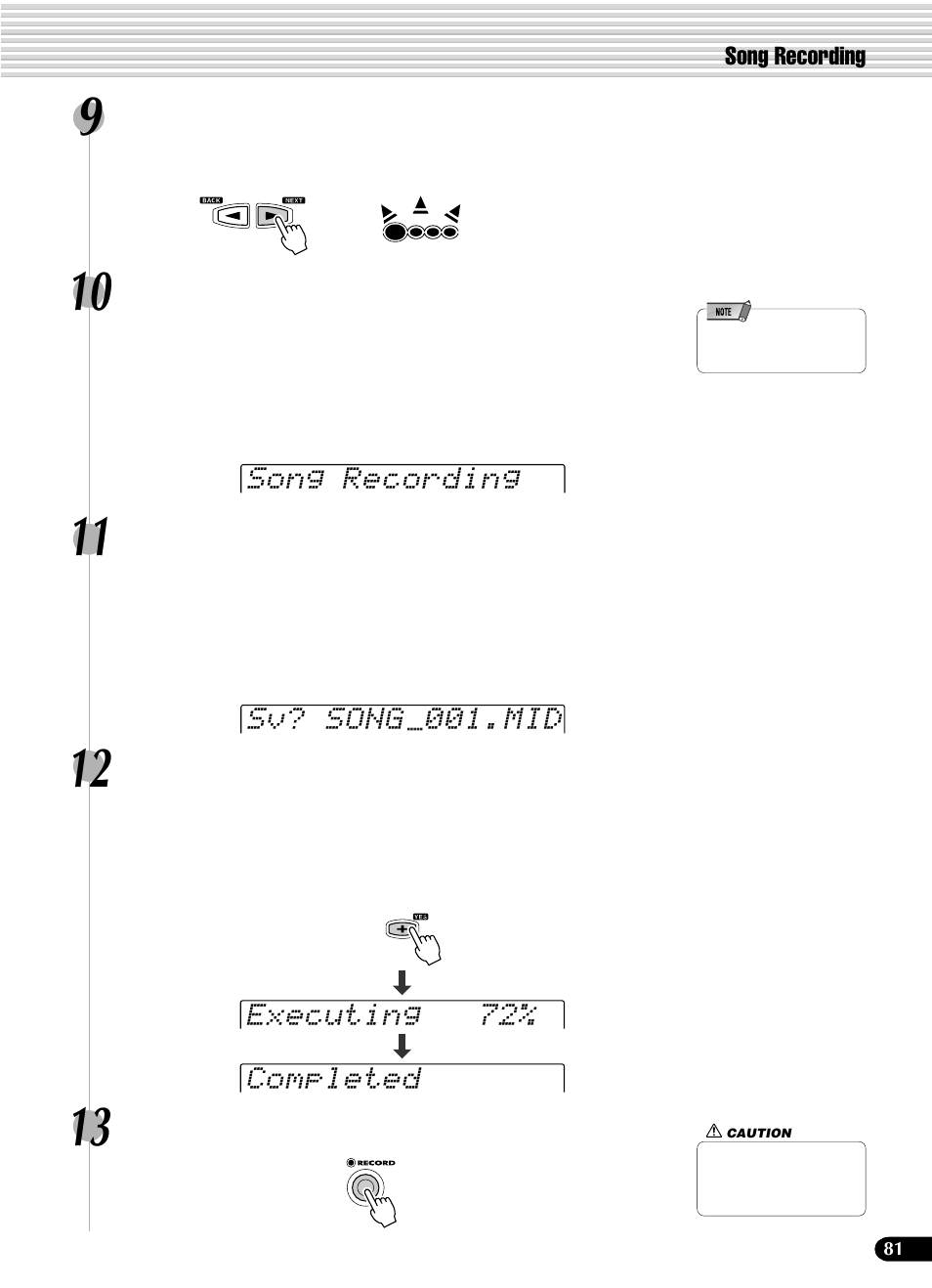 Song recording sv? song 001.mid, Executing 72% completed | Yamaha PSR-540 User Manual | Page 81 / 160