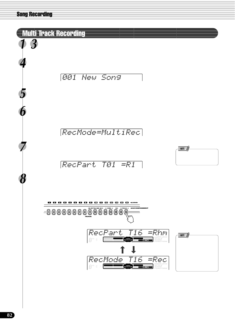 Multi track recording, Recpart t16 =rhm, Recmode t16 =rec | Song recording, Select “multirec, Select the desired track and part for recording | Yamaha PSR-540 User Manual | Page 82 / 160