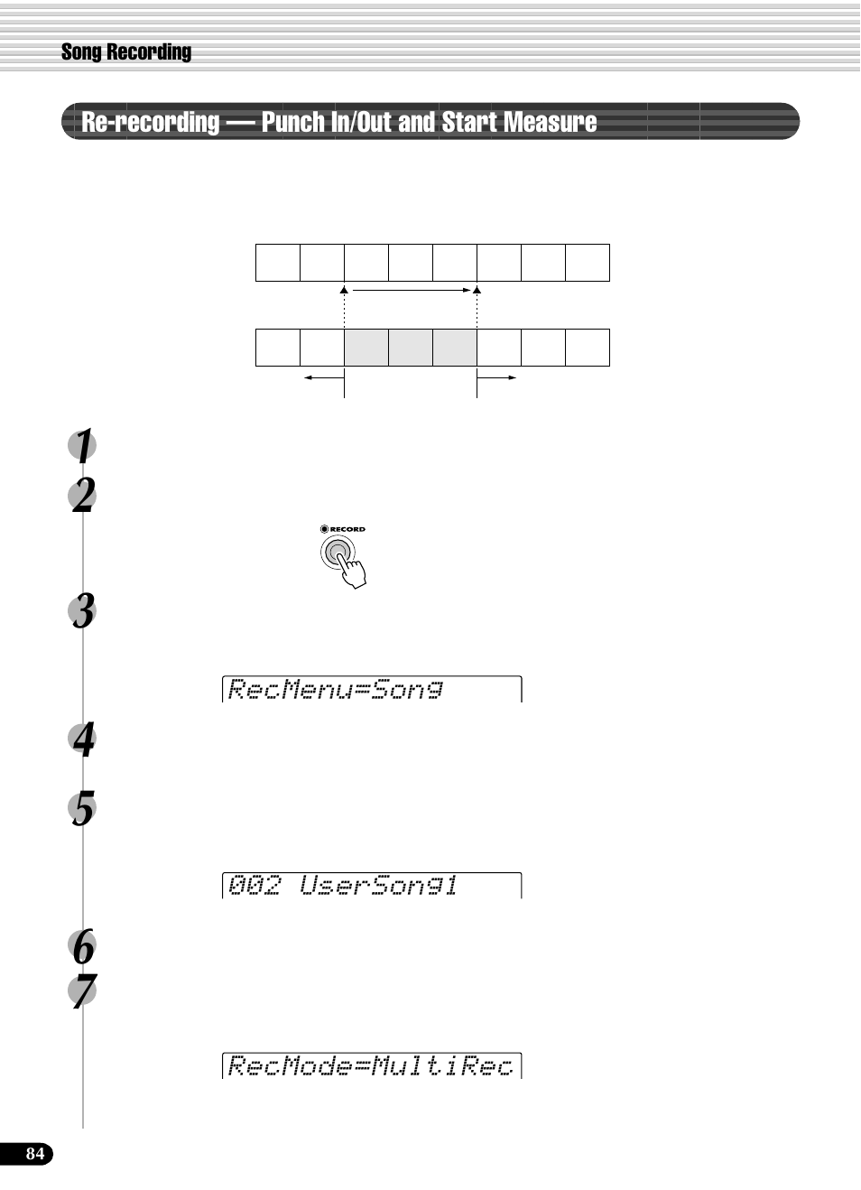 Re-recording — punch in/out and start measure, Re-recording — punch in/out and start measure . 84, Recmenu=song 002 usersong1 recmode=multirec | Song recording | Yamaha PSR-540 User Manual | Page 84 / 160