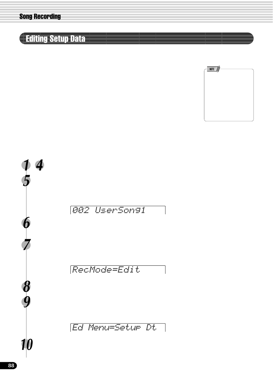 Editing setup data, 002 usersong1 recmode=edit ed menu=setup dt | Yamaha PSR-540 User Manual | Page 88 / 160
