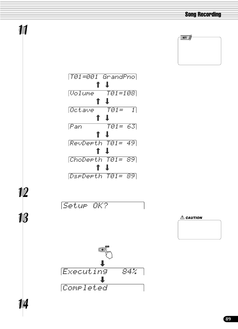 Setup ok, Executing 84% completed, Song recording | Yamaha PSR-540 User Manual | Page 89 / 160