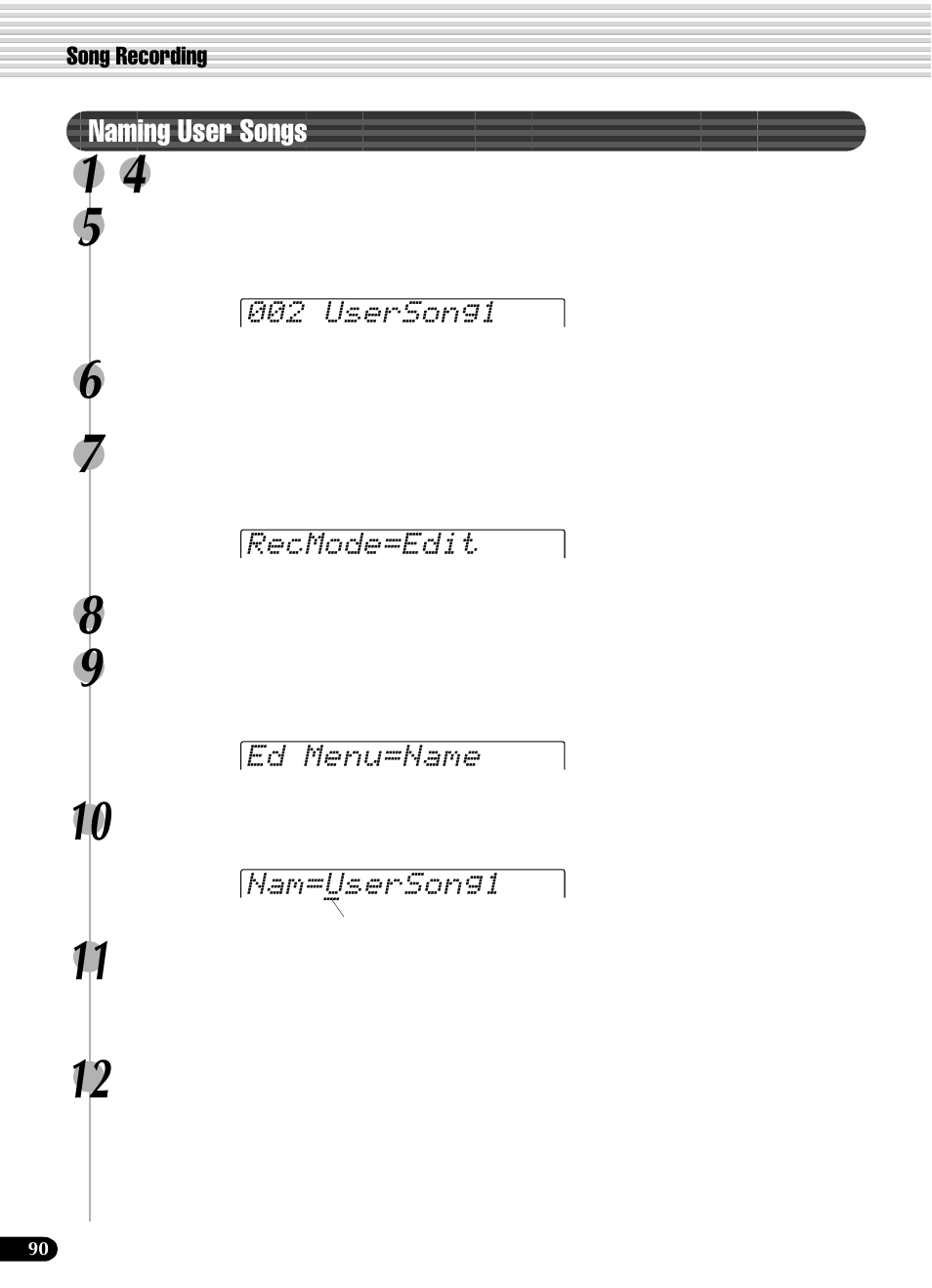 Naming user songs | Yamaha PSR-540 User Manual | Page 90 / 160