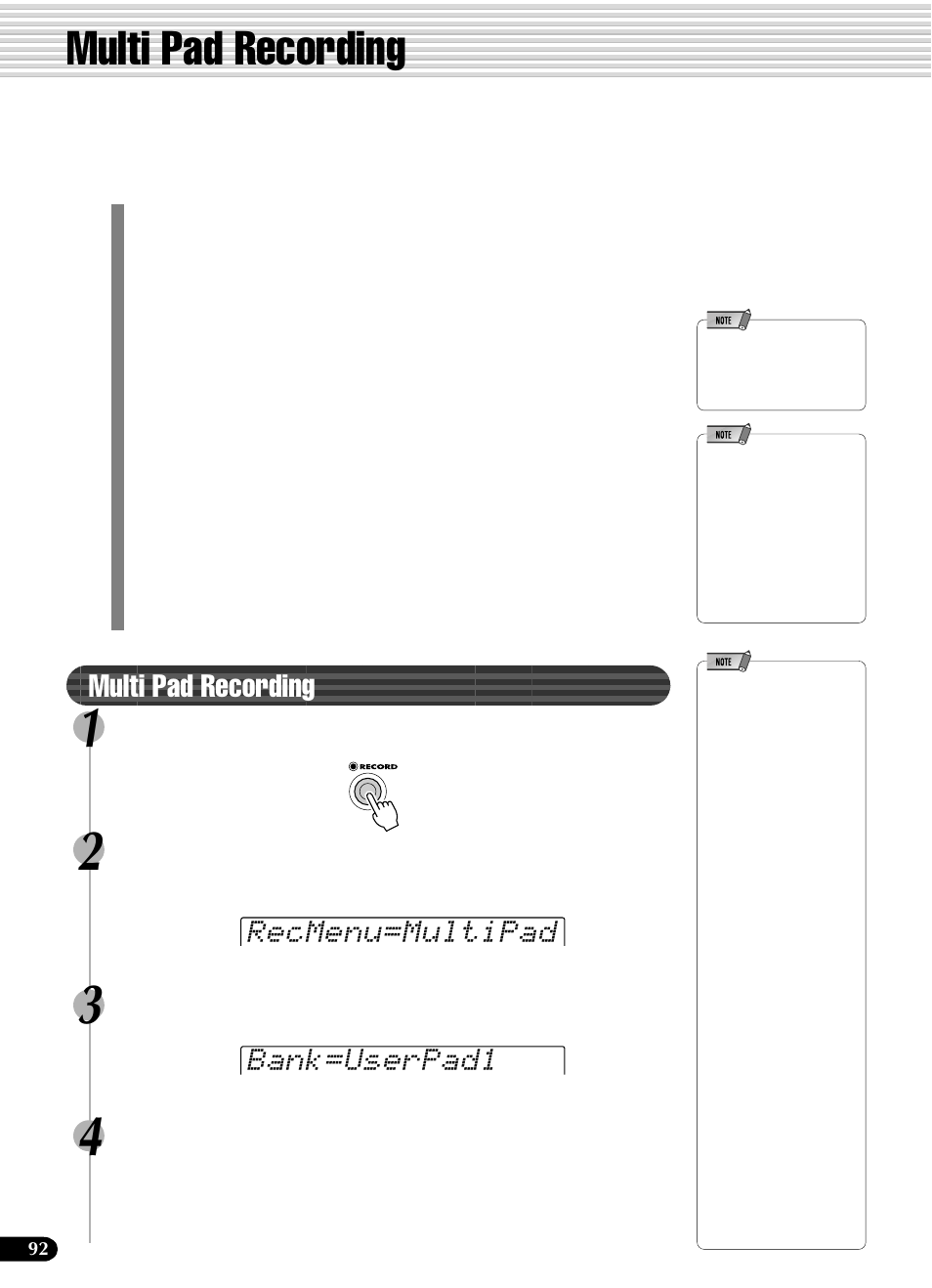 Multi pad recording, Recmenu=multipad bank=userpad1 | Yamaha PSR-540 User Manual | Page 92 / 160