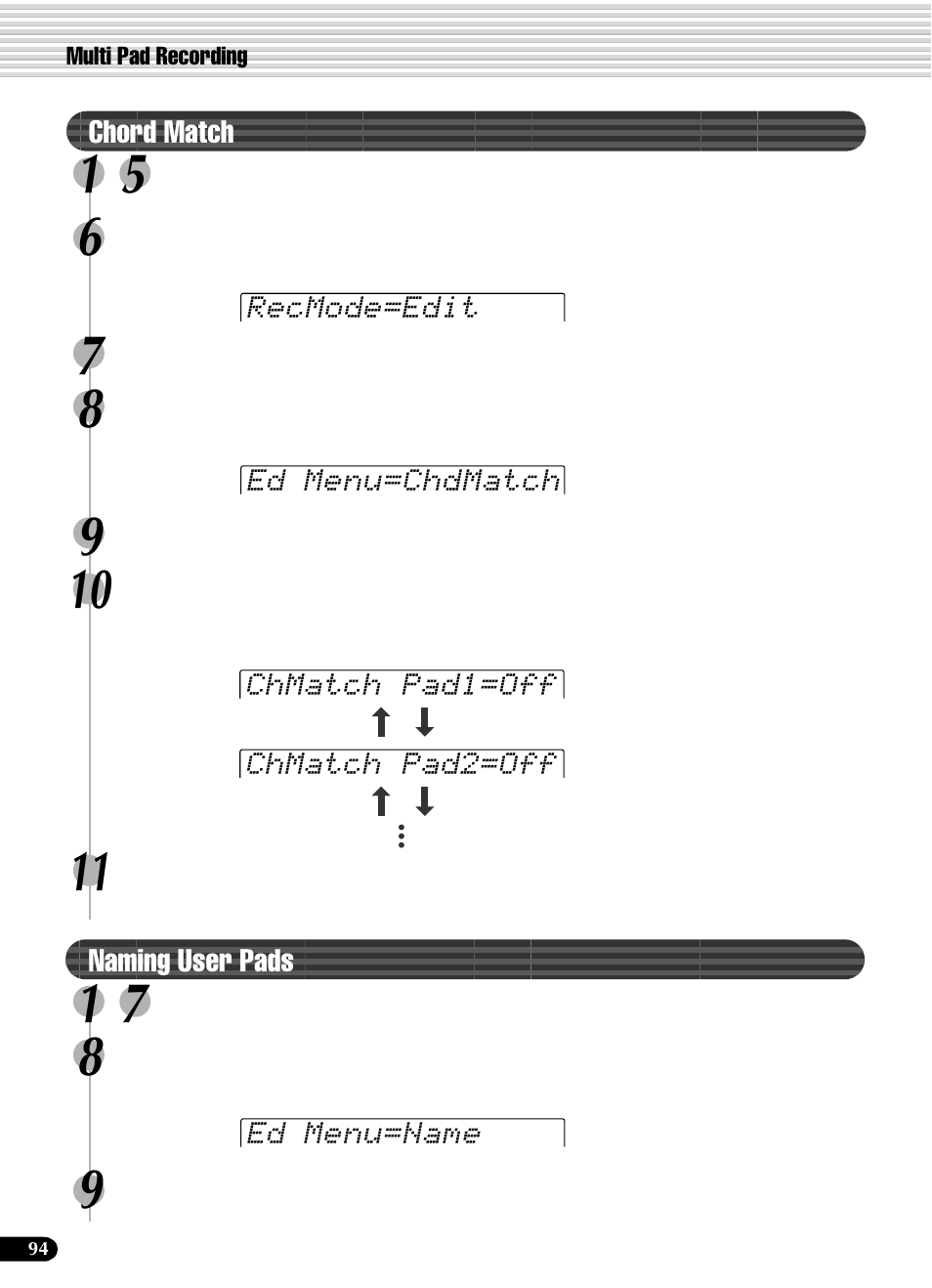 Chord match, Naming user pads, Chord match naming user pads | Yamaha PSR-540 User Manual | Page 94 / 160