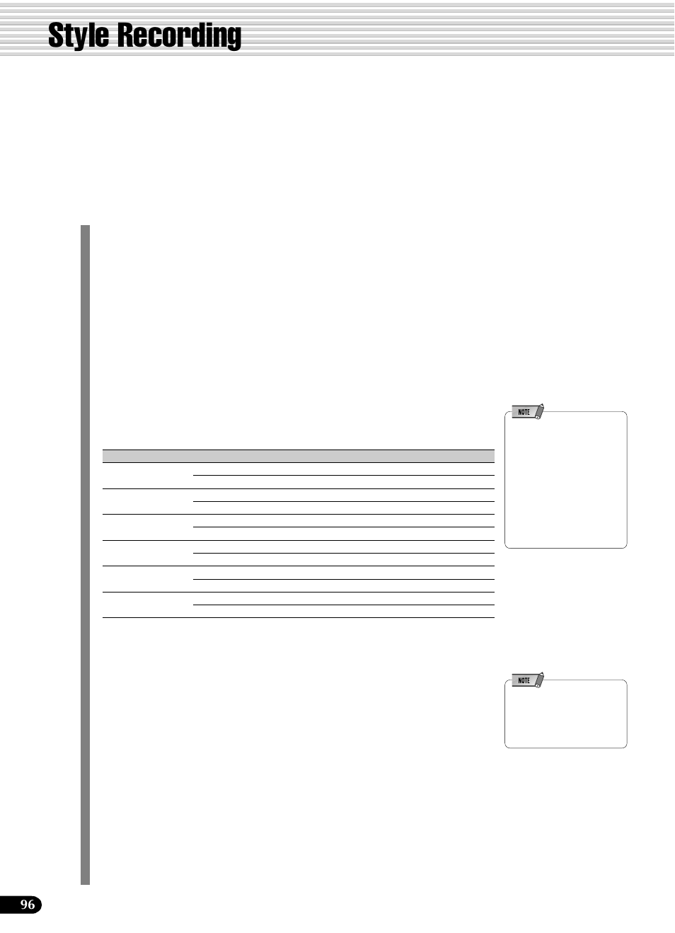 Style recording, User style tracks, Data that can be recorded to user styles | Yamaha PSR-540 User Manual | Page 96 / 160