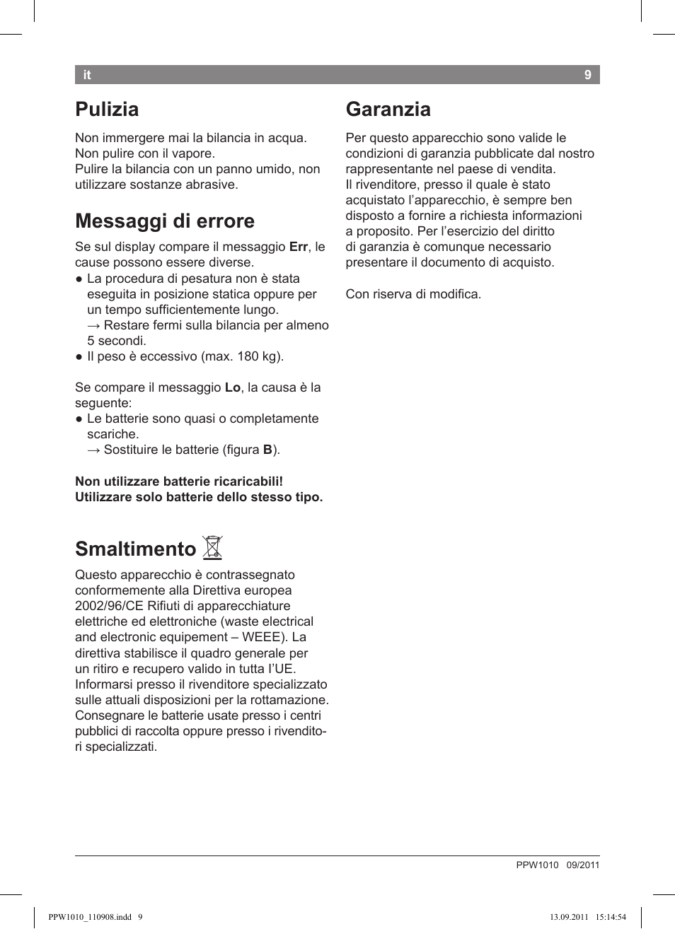 Pulizia, Messaggi di errore, Smaltimento | Garanzia | Bosch PPW1010 Personenwaage elektronisch AxxenceCrystal User Manual | Page 11 / 52