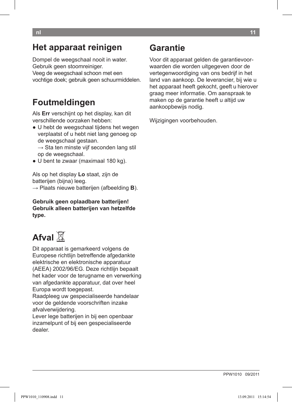 Het apparaat reinigen, Foutmeldingen, Afval | Garantie | Bosch PPW1010 Personenwaage elektronisch AxxenceCrystal User Manual | Page 13 / 52