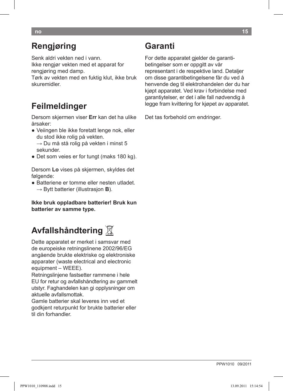 Rengjøring, Feilmeldinger, Avfallshåndtering | Garanti | Bosch PPW1010 Personenwaage elektronisch AxxenceCrystal User Manual | Page 17 / 52