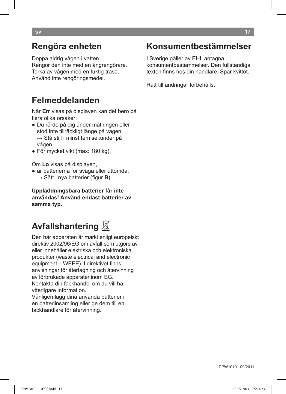 Rengöra enheten, Felmeddelanden, Avfallshantering | Konsumentbestämmelser | Bosch PPW1010 Personenwaage elektronisch AxxenceCrystal User Manual | Page 19 / 52