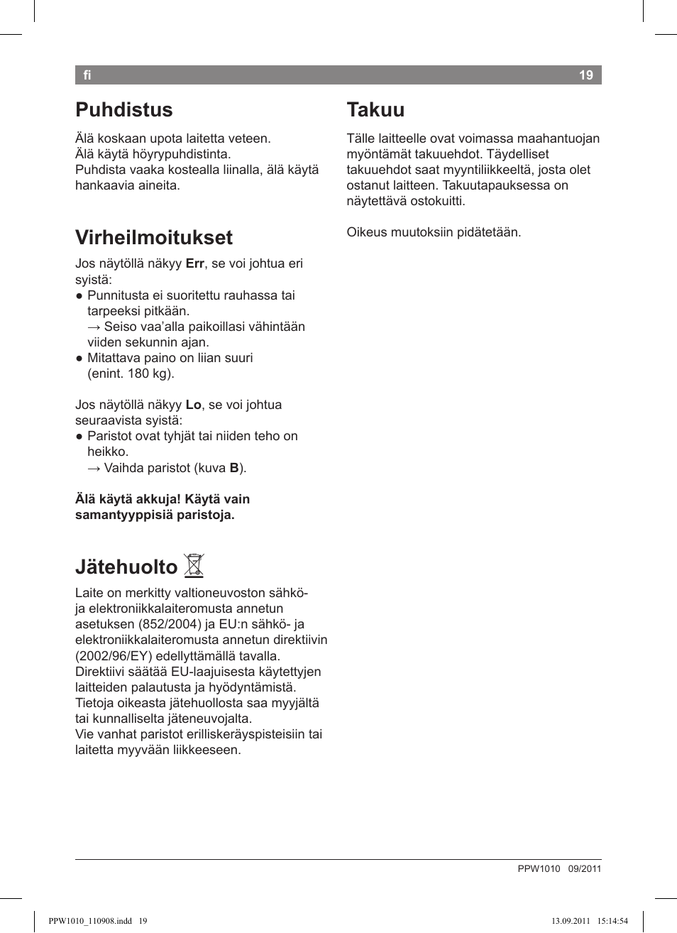 Puhdistus, Virheilmoitukset, Jätehuolto | Takuu | Bosch PPW1010 Personenwaage elektronisch AxxenceCrystal User Manual | Page 21 / 52