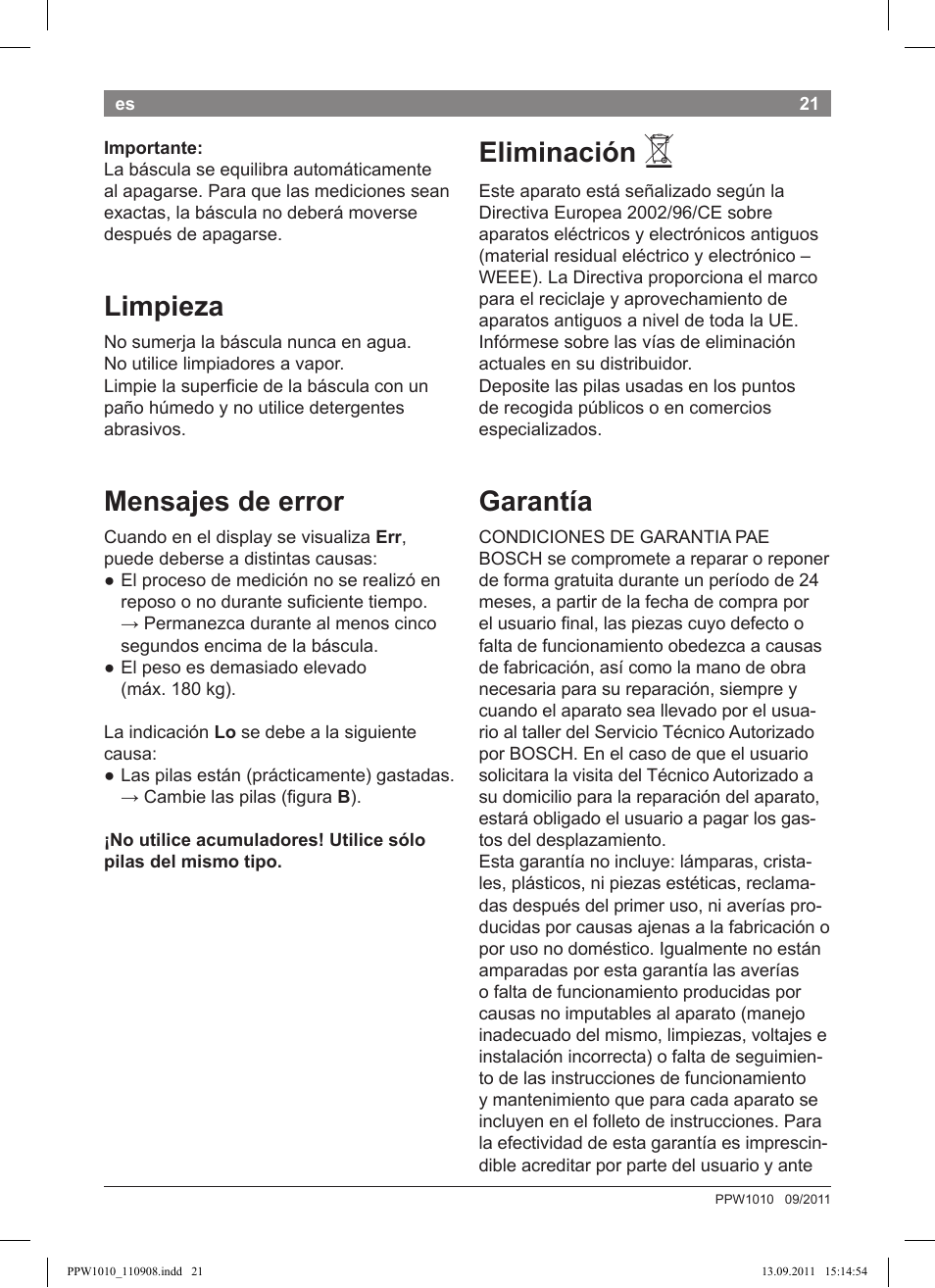 Limpieza, Mensajes de error, Eliminación | Garantía | Bosch PPW1010 Personenwaage elektronisch AxxenceCrystal User Manual | Page 23 / 52