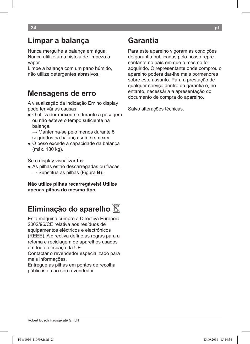 Limpar a balança, Mensagens de erro, Eliminação do aparelho | Garantia | Bosch PPW1010 Personenwaage elektronisch AxxenceCrystal User Manual | Page 26 / 52