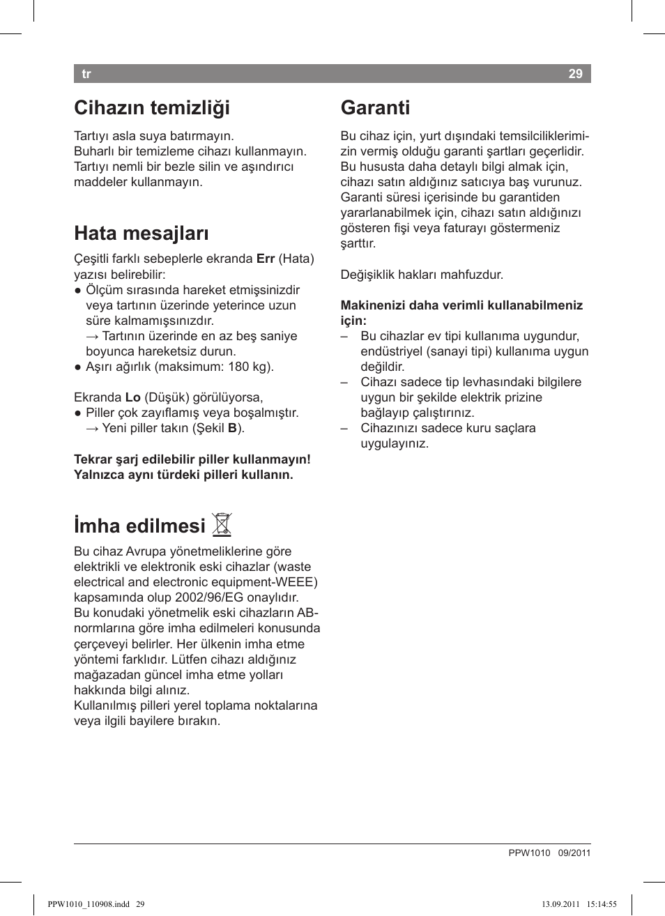 Cihazın temizliği, Hata mesajları, Imha edilmesi | Garanti | Bosch PPW1010 Personenwaage elektronisch AxxenceCrystal User Manual | Page 31 / 52