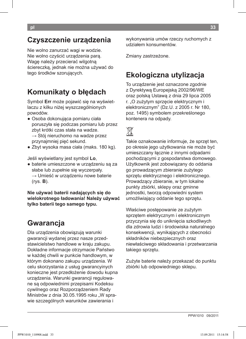 Czyszczenie urządzenia, Komunikaty o błędach, Gwarancja | Ekologiczna utylizacja | Bosch PPW1010 Personenwaage elektronisch AxxenceCrystal User Manual | Page 35 / 52