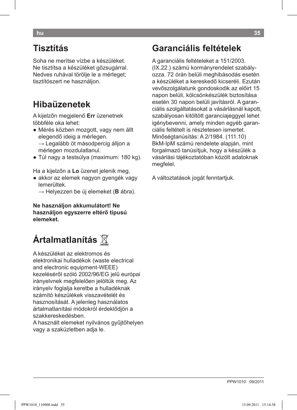 Tisztítás, Hibaüzenetek, Ártalmatlanítás | Garanciális feltételek | Bosch PPW1010 Personenwaage elektronisch AxxenceCrystal User Manual | Page 37 / 52