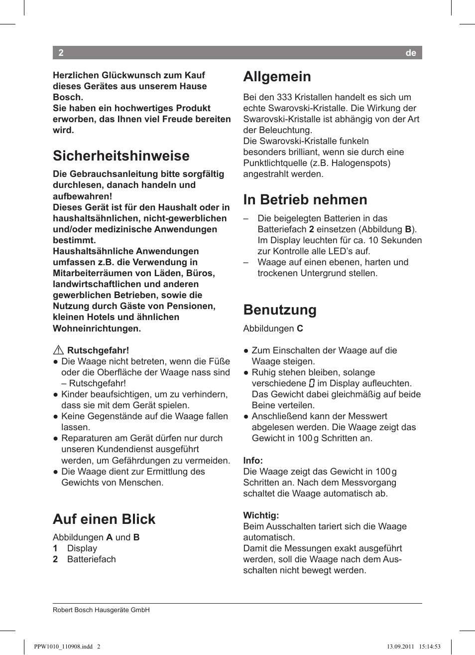 Sicherheitshinweise, Auf einen blick, Allgemein | Benutzung | Bosch PPW1010 Personenwaage elektronisch AxxenceCrystal User Manual | Page 4 / 52