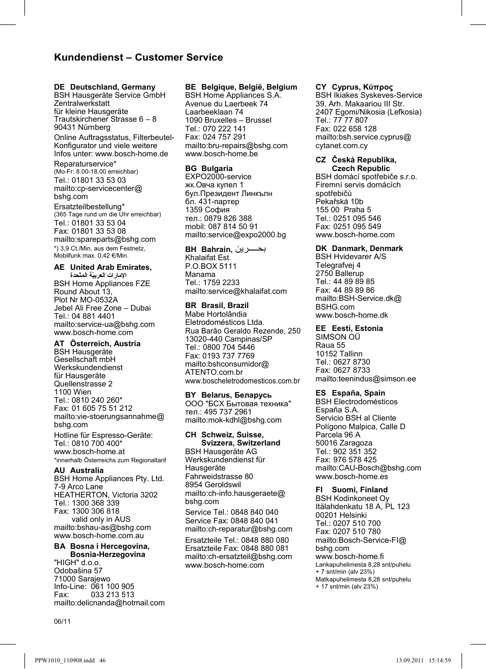 Kundendienst – customer service | Bosch PPW1010 Personenwaage elektronisch AxxenceCrystal User Manual | Page 48 / 52