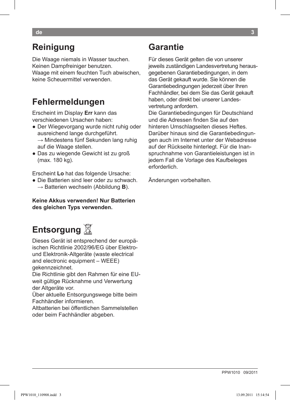 Garantie, Reinigung, Fehlermeldungen | Entsorgung | Bosch PPW1010 Personenwaage elektronisch AxxenceCrystal User Manual | Page 5 / 52