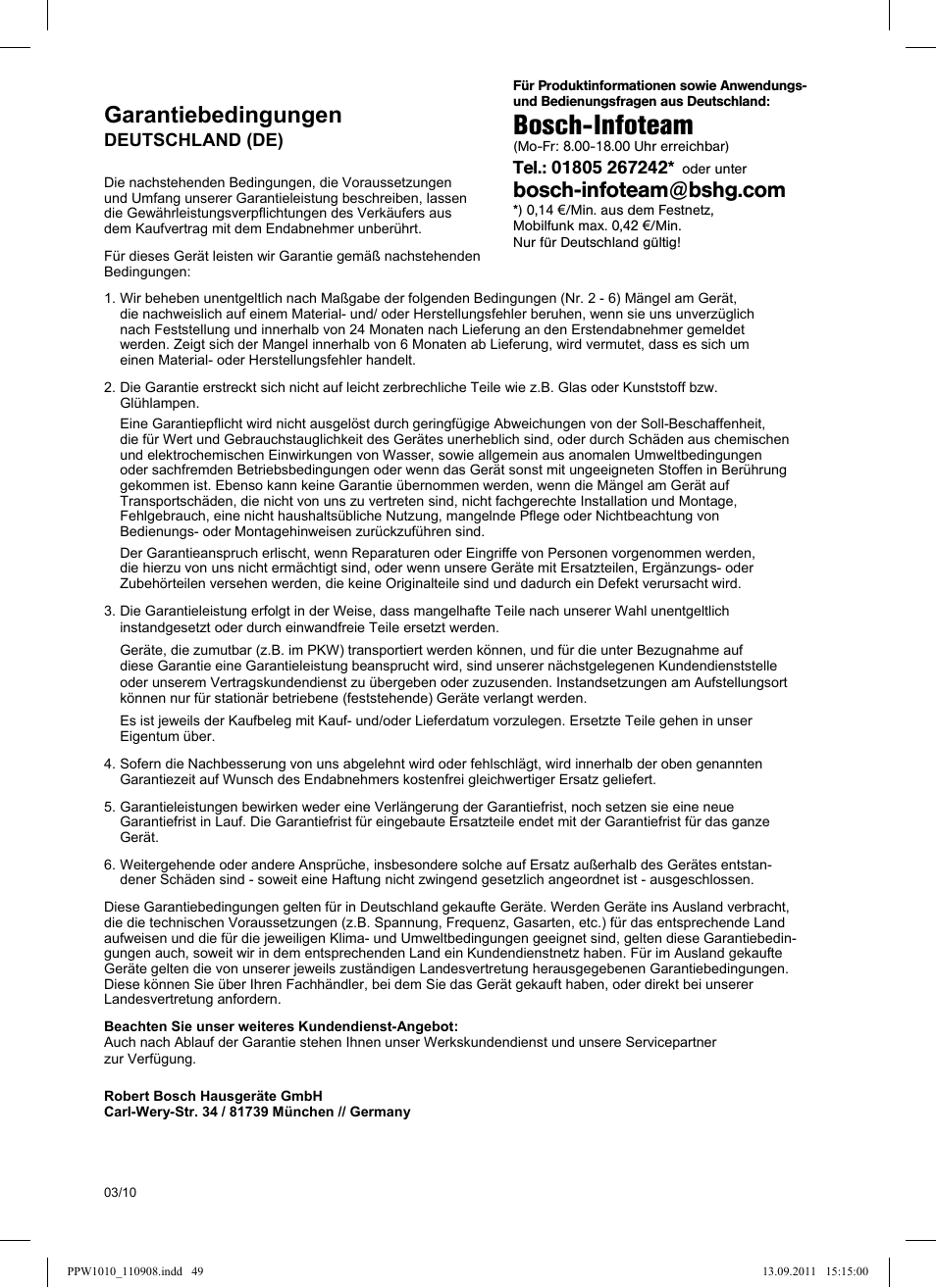 Bosch-infoteam, Garantiebedingungen | Bosch PPW1010 Personenwaage elektronisch AxxenceCrystal User Manual | Page 51 / 52