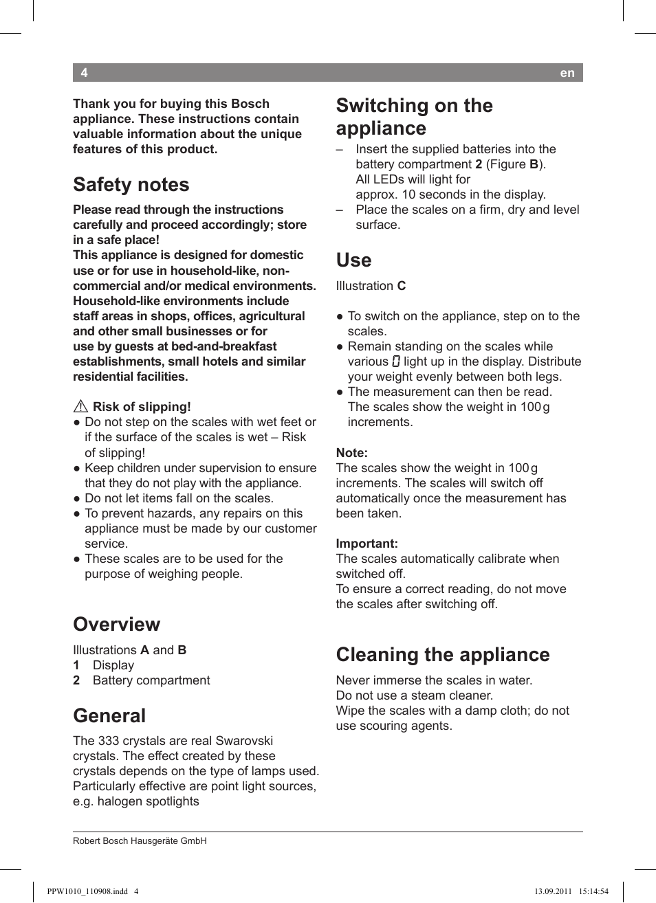 Overview, General, Switching on the appliance | Cleaning the appliance | Bosch PPW1010 Personenwaage elektronisch AxxenceCrystal User Manual | Page 6 / 52