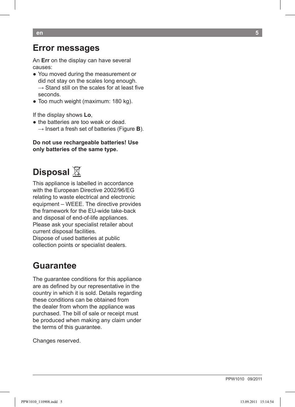 Error messages, Disposal, Guarantee | Bosch PPW1010 Personenwaage elektronisch AxxenceCrystal User Manual | Page 7 / 52