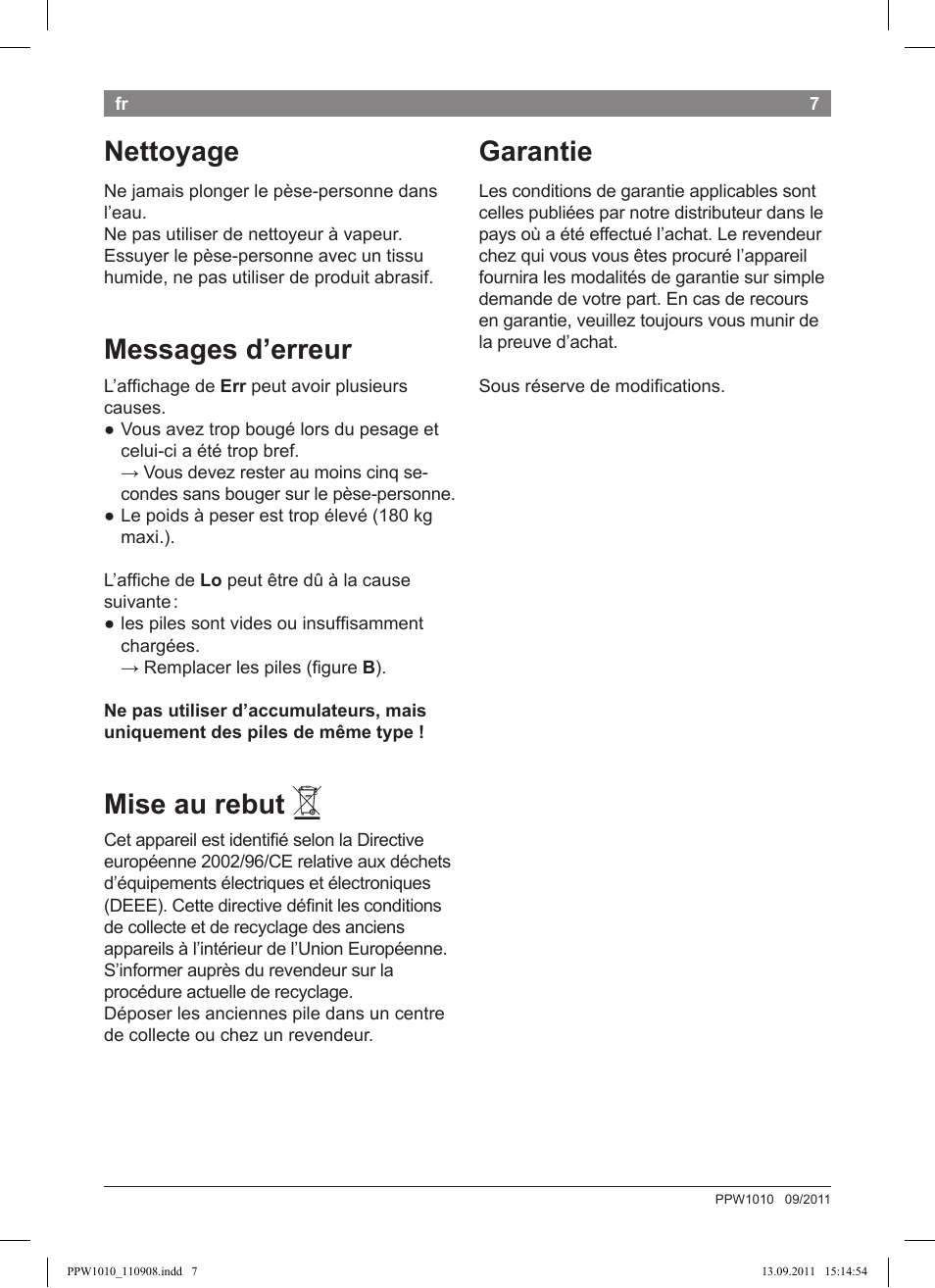 Nettoyage, Messages d’erreur, Mise au rebut | Garantie | Bosch PPW1010 Personenwaage elektronisch AxxenceCrystal User Manual | Page 9 / 52