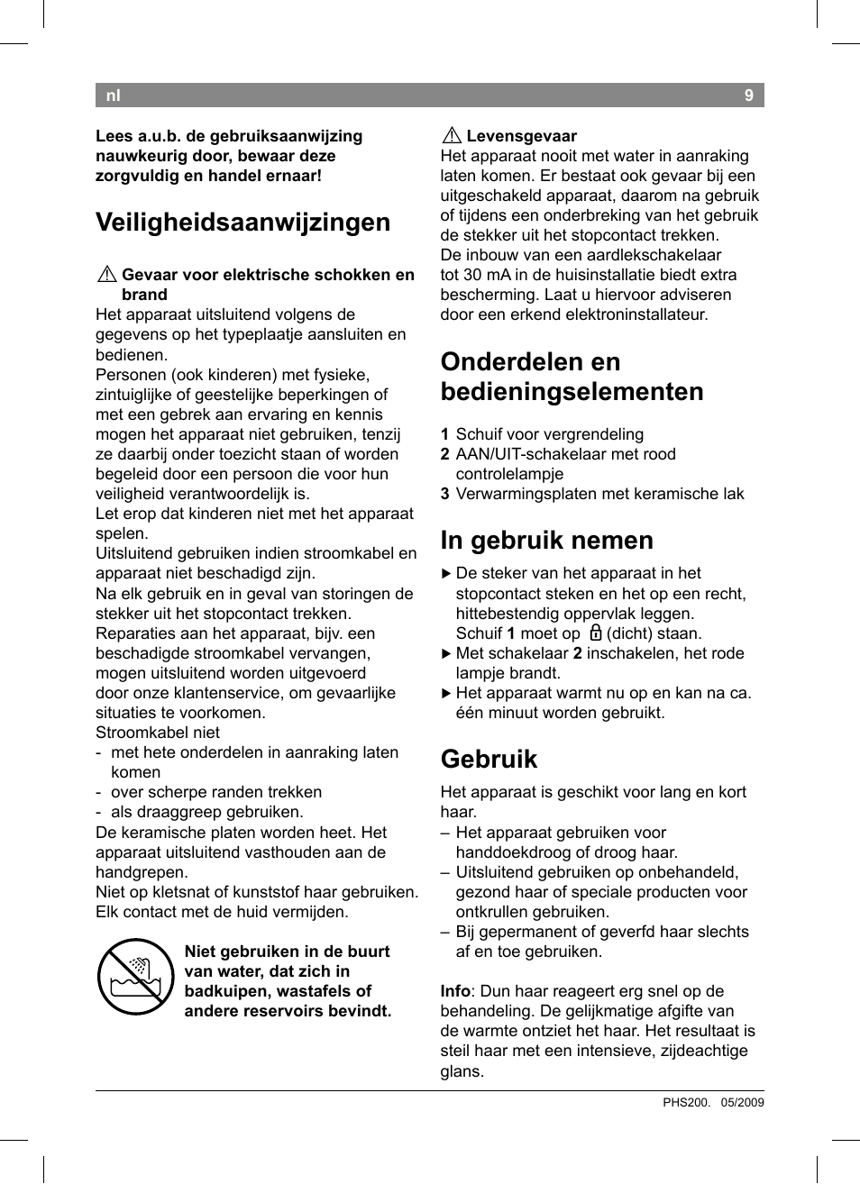 Veiligheidsaanwijzingen, Onderdelen en bedieningselementen, Gebruik | Bosch PHS2004 Haarglätter Purple Passion User Manual | Page 11 / 46