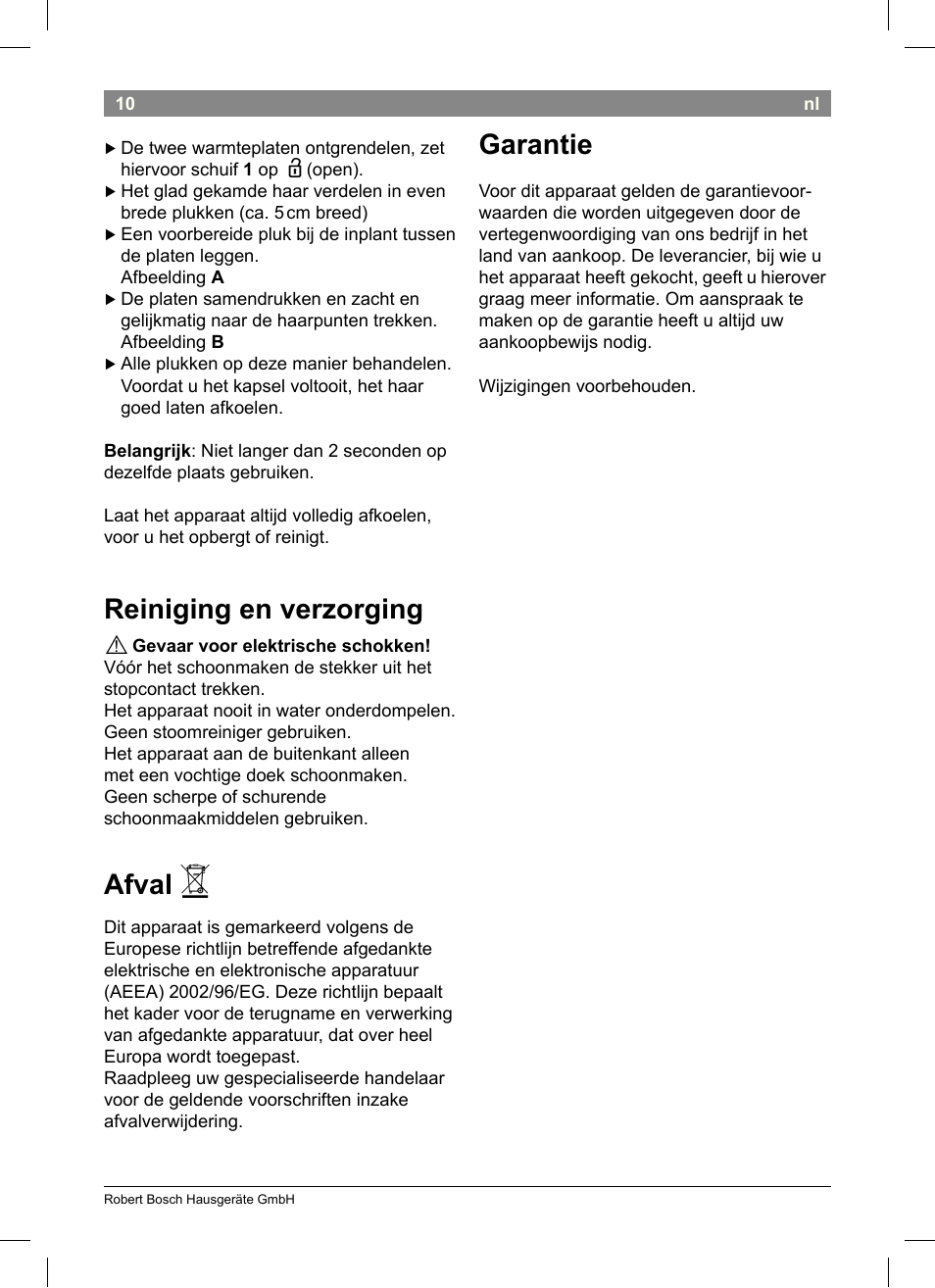 Reiniging en verzorging, Afval, Garantie | Bosch PHS2004 Haarglätter Purple Passion User Manual | Page 12 / 46