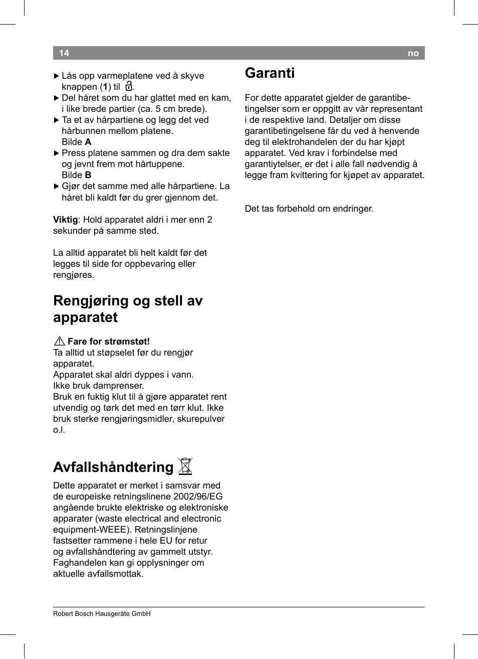 Rengjøring og stell av apparatet, Avfallshåndtering, Garanti | Bosch PHS2004 Haarglätter Purple Passion User Manual | Page 16 / 46