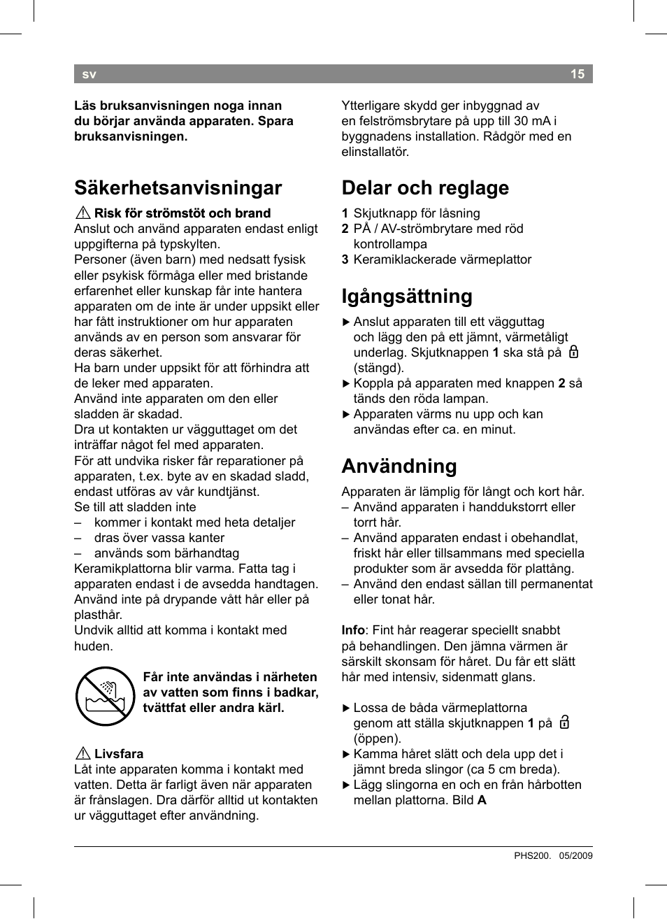 Delar och reglage, Igångsättning, Användning | Säkerhetsanvisningar | Bosch PHS2004 Haarglätter Purple Passion User Manual | Page 17 / 46