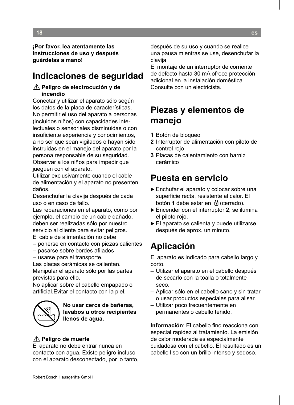 Piezas y elementos de manejo, Puesta en servicio, Aplicación | Indicaciones de seguridad | Bosch PHS2004 Haarglätter Purple Passion User Manual | Page 20 / 46