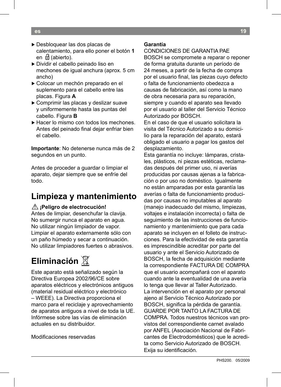 Limpieza y mantenimiento, Eliminación | Bosch PHS2004 Haarglätter Purple Passion User Manual | Page 21 / 46