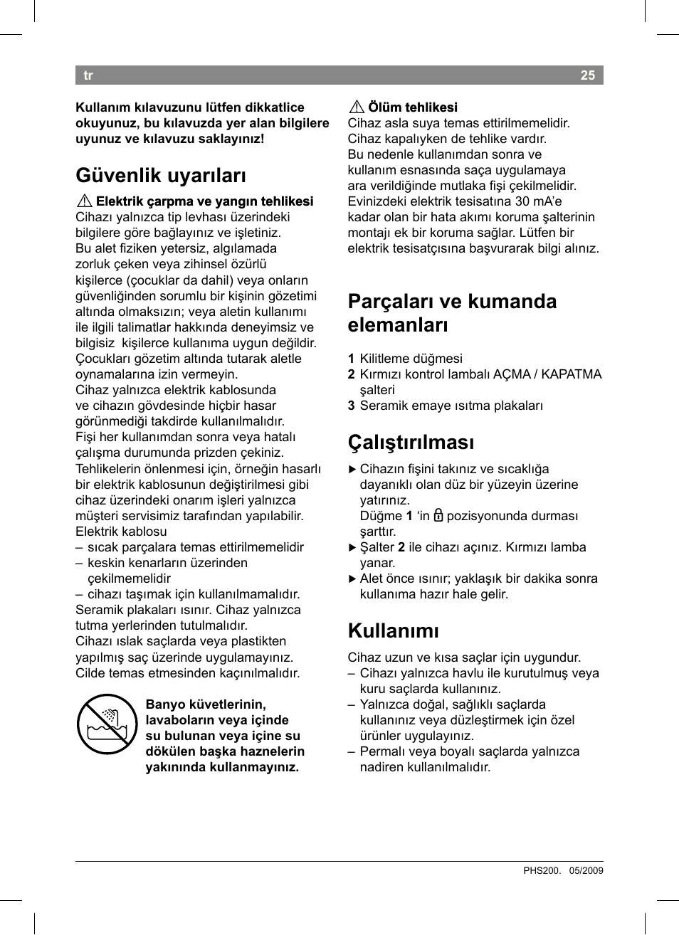 Güvenlik uyarıları, Par�aları ve kumanda elemanları, Çalıştırılması | Kullanımı | Bosch PHS2004 Haarglätter Purple Passion User Manual | Page 27 / 46