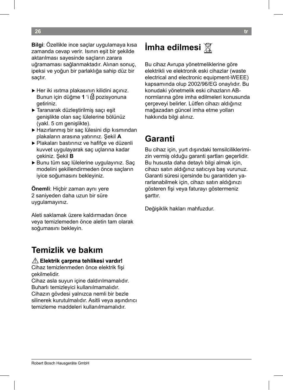 Temizlik ve bakım, Imha edilmesi, Garanti | Bosch PHS2004 Haarglätter Purple Passion User Manual | Page 28 / 46