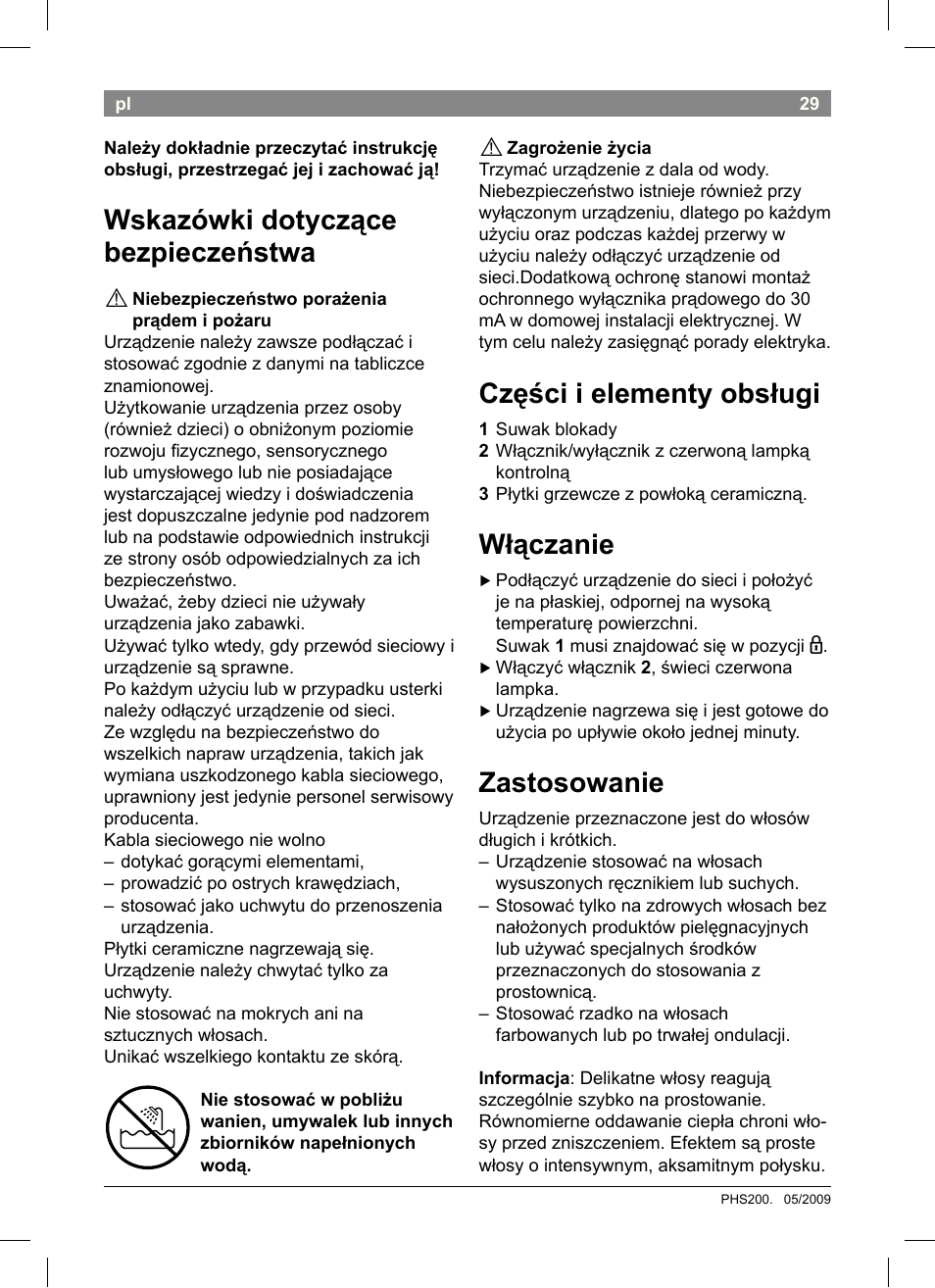 Wskazówki dotyczące bez�ieczeństwa, Części i elementy obsługi, Włączanie | Zastosowanie | Bosch PHS2004 Haarglätter Purple Passion User Manual | Page 31 / 46